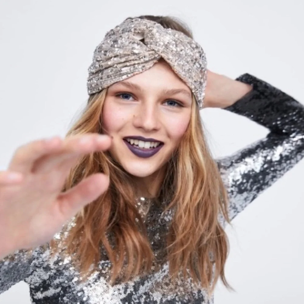 Zara Sequined Sequin Headband Size S-M Turban Style Elastic Closure Pull On